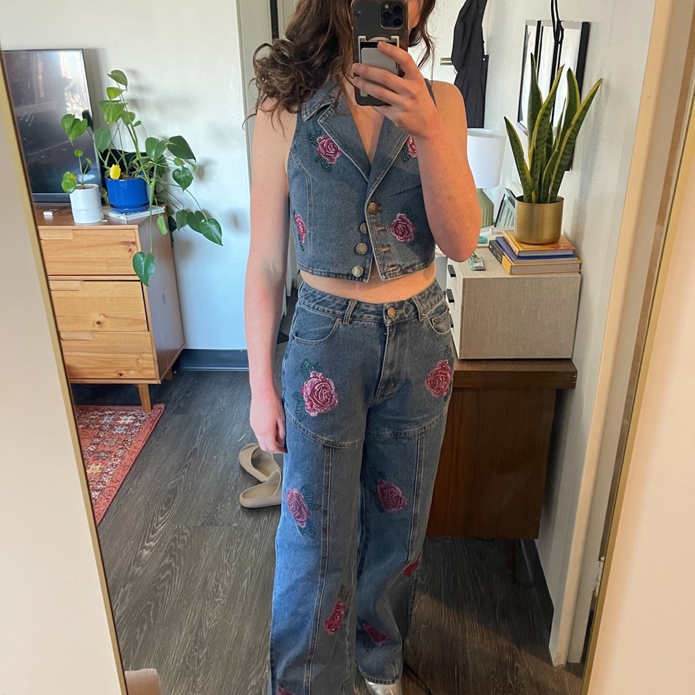 Denim Waistcoat and Jeans Set with Rose Hotflix Design - Picture 11 of 11